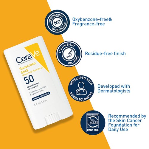 CeraVe Mineral Sunscreen Stick SPF 50 - Broad Spectrum Protection with Hyaluronic Acid & Ceramides - Fragrance-Free & Oil-Free