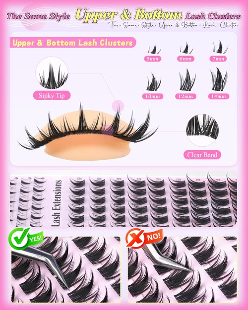ALICE Manga Lash Clusters Kit Clear Band Natural Lash Extensions Kit 5-14mm Wispy Cluster Eyelash Extension Kit DIY Invisible Band Individual Cluster Lashes with Spiky Bottom Lashes Bond and Seal