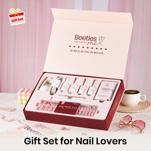 Beetles X Press Plus On Nails Kit-Short Square French Tip Press On Nails Kit with 150Pcs Pink French Nail Tips Nail Glue & Remover Builder Top Coat Nail Lamp,All-in-One DIY Fake Nails Gift for Women