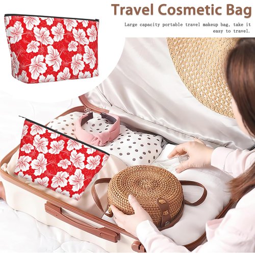 Red White Hibiscus Flower Cosmetic Bags for Women,Hawaiian Small Makeup Bag for Purse Travel Toiletry Bag Make up Accessories Organizer Zipper Pouch Gift Idea