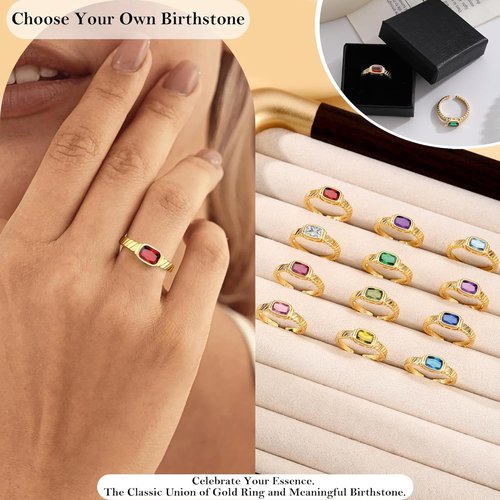 **Skiennix Gold Rings for Women - Non-Tarnish Birthstone Adjustable Stackable Ring | Perfect Mother's Day Gift**