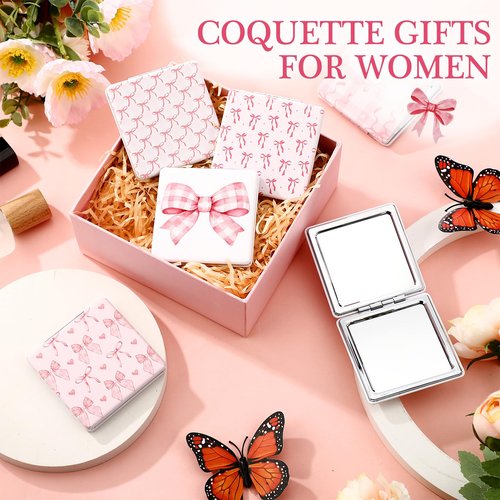 Geelin 6 Pcs Coquette Pink Bow Compact Mirror Bulk for Purse Small Pocket 1X/2X Magnifying Portable Makeup Double Sided Travel Mirror Aesthetic Preppy Gift for Women Girl Bridal Shower Party (Square)