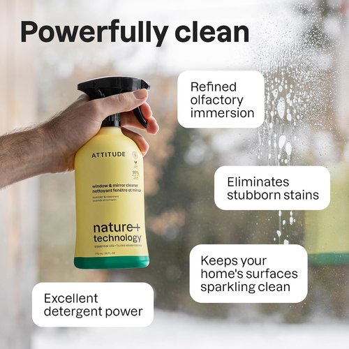 ATTITUDE Window & Mirror Cleaner Spray - Plant-Based, Streak-Free Formula with Lavender & Rosemary | 26 Fl Oz