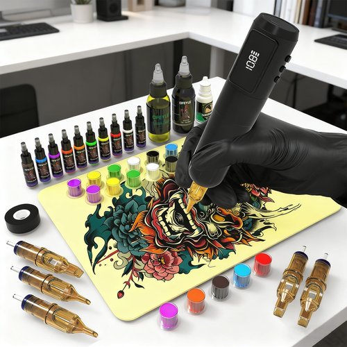 OFEYLE Tattoo Kit, Wireless Tattoo Gun Kit with LED Display 1600mAh Battery Rotary Tattoo Machine Kit for Beginners Complete Set with 10PCS Cartridge Needles, Ink Set, Transfer Gel and Transfer Papers