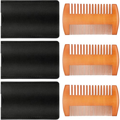 3 Pieces Beard Comb for Men Natural Sandalwood Wooden Mustaches Combs Dual Action Teeth Beard Comb with 3 Pieces Pocket Faux Leather Case for Beards Mustaches(Yellow)
