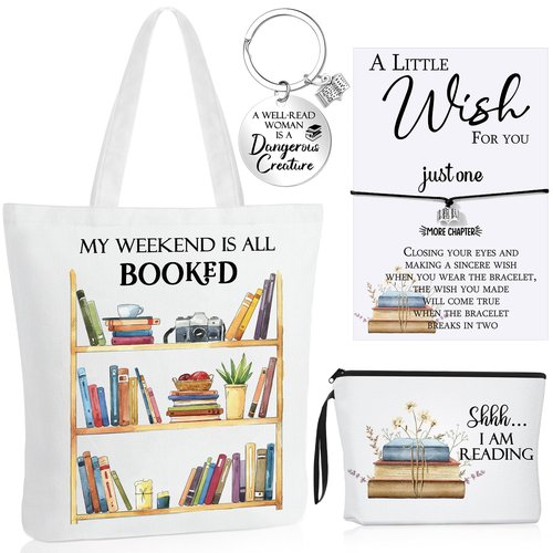 Sweetude 4 Pcs Book Lovers Gifts Sets Include Book Tote Bag, Bookworm Bracelet with Wish Card, Canvas Makeup Bag, and Bookish Keychain for Women Readers Books Lover Gifts