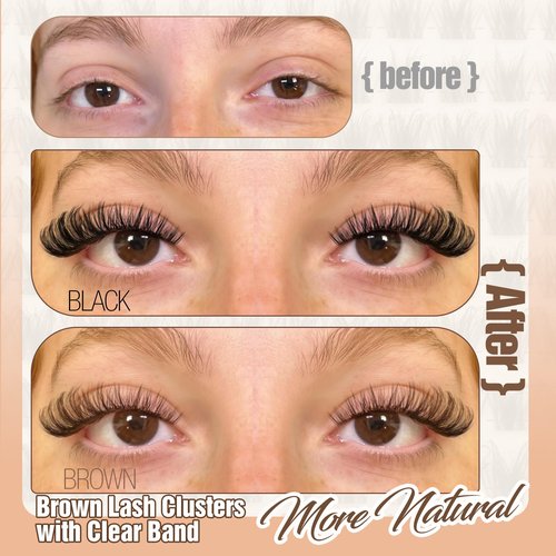 Brown Lash Clusters Natural Eyelash Clusters Invisible Band Wispy Lash Extension 8-16mm D Curly Cluster Eyelash Extensions Clear Band Individual Clusters Lashes DIY Volume Dark Brown Eyelash Extension