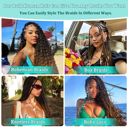 Human Braiding Hair for Boho Braids 16 Inch 120g Deep Wave Bulk Boho Human Hair for Braiding Curly Knotless Bohemian Braids 12A 100% Brazilian Virgin No Weft Extensions 3 Bundles/Pack Natural Black 1B