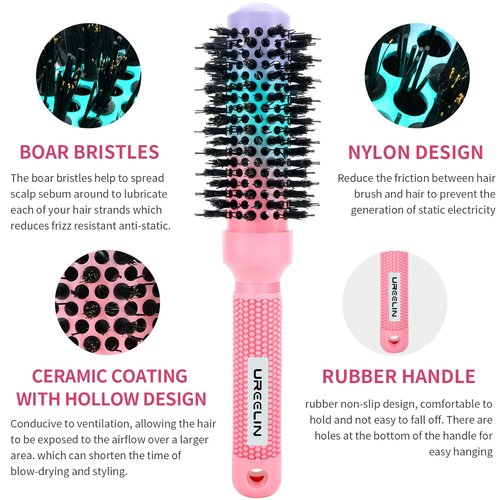 UREELIN Round Brush - 1.3 Inch Nano Thermal Ceramic & Ionic Hair Brush with Boar Bristles for Salon-Quality Blowouts, Volume & Shine
