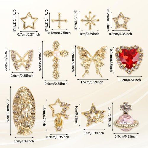 KYLELOVE 60 PCS Bulk Y2K Bling Rhinestones Gold Nail Charms 3D Gold Cross Star Butterfly Charms for Nails Gems Supplies