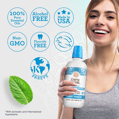 GuruNanda Oxyburst Teeth Whitening Mouthwash – Alcohol & Fluoride Free, with Hydrogen Peroxide & 7 Essential Oils, Value Size for Regular Use, Wild Mint, 1 Liter/33.8 fl oz