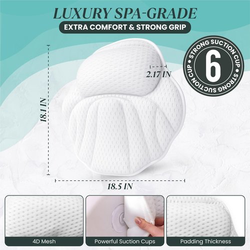 Bathtub Pillow for Head and Neck Support, Bath Pillow for Tub with 6 Suction Cups, Quick Dry Spa Tub Pillow, Bath Back Cushion with Mesh Polyester, Includes Bath Sponge and Wash Bag