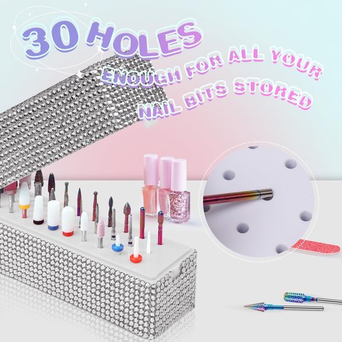 Nail Drill Bits Holder Box: 30 Holes Rhinestone Drill bit Holder Nail tech for Nail Drill bits Storage Dustproof Stand Displayer Organizer Case for Manicure Tools(Drill bits not Included) (Silver)