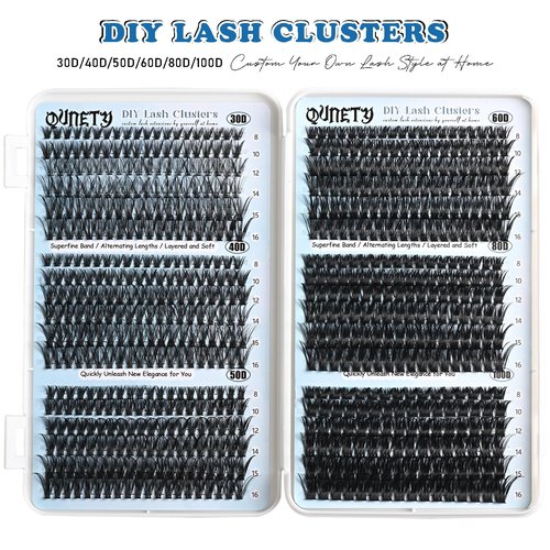 QUNETY Lash Clusters 720pcs Eyelash Clusters Mixed 30-100D Cluster Eyelash Extensions Wispy Individual Lashes Cluster Natural DIY Eyelashes C curl Volume False Mink Eye Lash Extension Trays