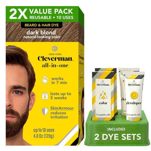 2X Reusable Hair & Beard Dye for Men – Dark Blond | Up to 10 Uses, 7 Minutes | Natural Gray Coverage, No-Drip Cream with SkinArmour® – Cleverman