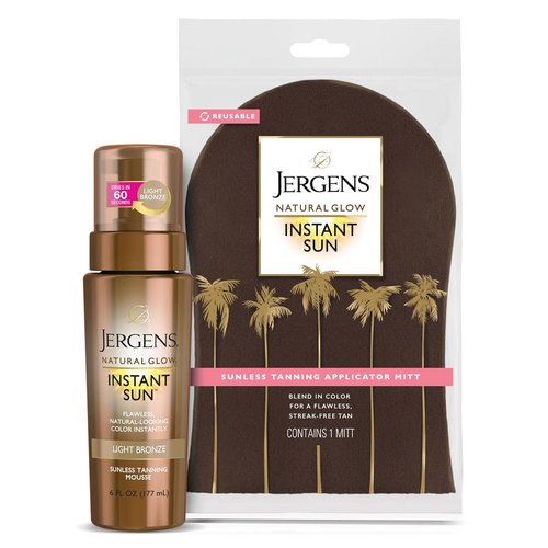Jergens Natural Glow Sunless Tanning Mousse - Light Bronze, 6oz with Applicator Mitt for Flawless Tan