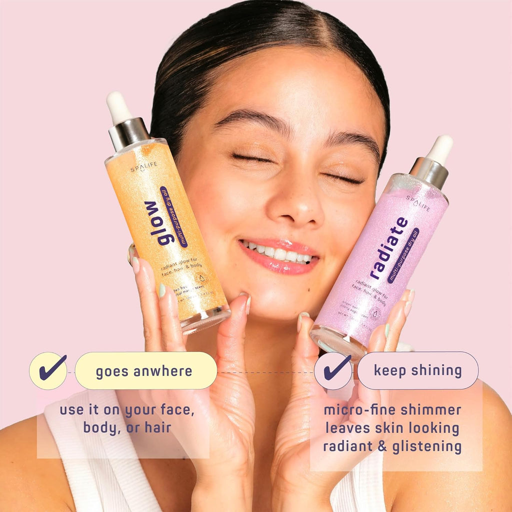 SpaLife Beauty Shimmer Oil Bundle - Radiate & Glow Dry Oil Duo with Mango & Peony Scents - Hydrating Moisture