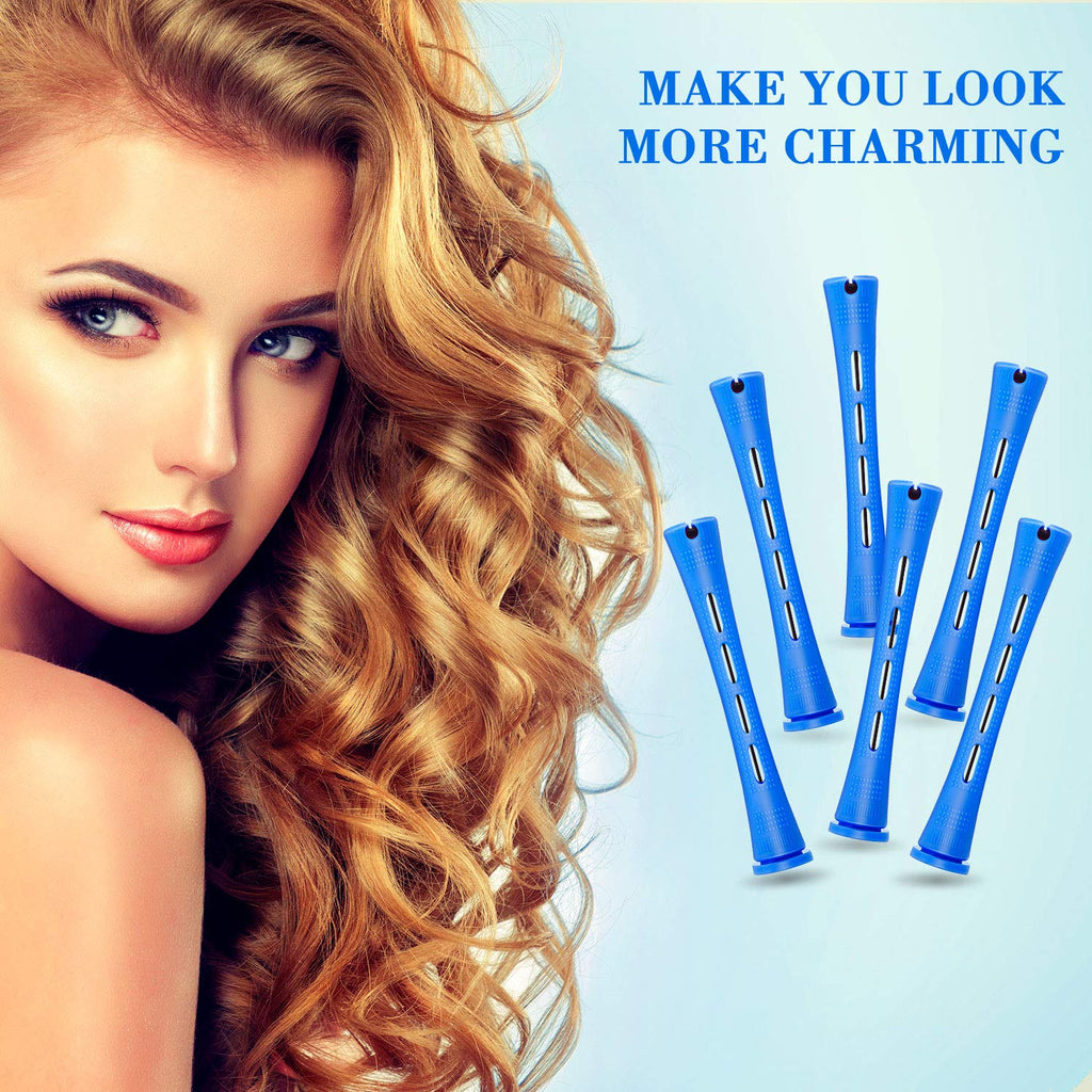WILLBOND Hair Perm Rods - 96 Pcs Plastic Cold Wave Curlers with 2 Pintail Combs | Heatless Styling Tool (0.35 Inch, Blue)