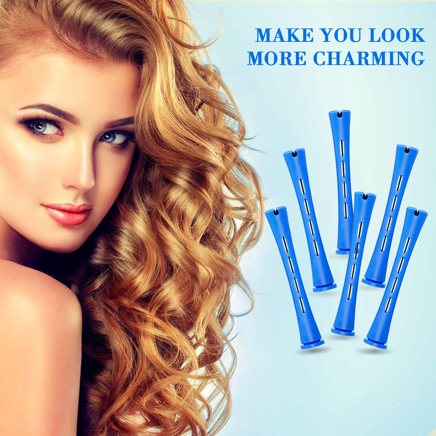 WILLBOND Hair Perm Rods - 96 Pcs Plastic Cold Wave Curlers with 2 Pintail Combs | Heatless Styling Tool (0.35 Inch, Blue)