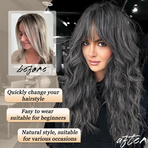 AISI HAIR 【Beginner Friendly Wigs Gray and white Wig with Bangs Long Wavy Synthetic Wig for Women with Daily Party Use