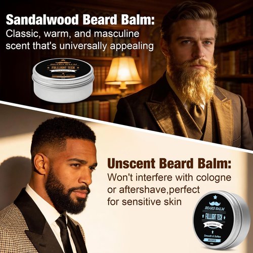 Beard Balm,2 Oz Sandalwood & 2 Oz Unscented Balm -Coconut & Argan & Jojoba Oils,Shea Butter- Styles, Hydrates & Smooths Beards & Mustaches,Beard Styling Balm for Mens Gifts for Men