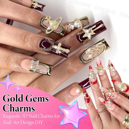 130 Pcs Alloy Gold Star Cross Nail Charms, 21 Styles 3D Y2K Metal Star Cross Moon Planet Gold Nail Charms and Gems for Nails Art Design DIY Accessories