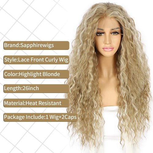 SAPPHIREWIGS Curly Lace Front Wigs Highlight Blonde Long Water Wave Synthetic Wig Pre-plucked Hairline Blonde for Black Women 26inch