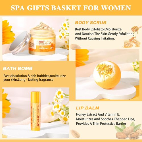 Skiennix 9-Pc Almond Milk & Honey Bath Set - Luxurious Self-Care Spa Gifts for Women | Perfect Birthday Gift