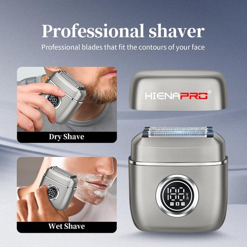 HIENA PRO Men's Electric Foil Shaver - USB-C Rechargeable, IPX7 Waterproof, Pocket-Sized with LED Display for Travel & Home (Gray)