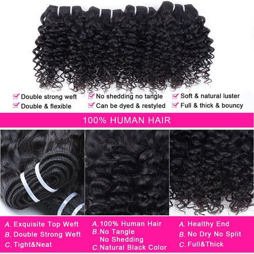 Kinky Curly Short Wavy Human Hair 6 Bundles with 4x4 Closure Brazilian Kinky Curly Bundles Human Hair Extensions Natural Color(8"8"8"8"8"8"+8")25g/Bundle