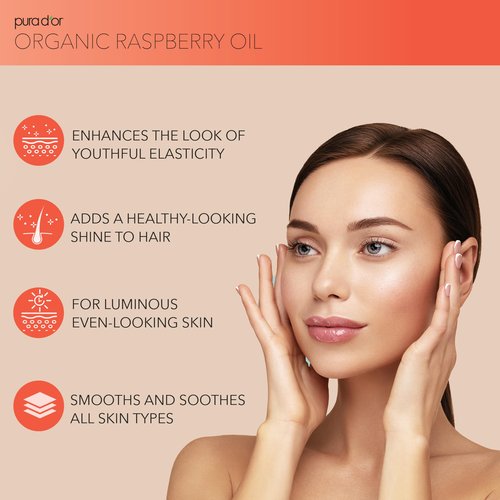 PURA D'OR 3.38 Oz ORGANIC Raspberry Seed Oil - 100% Pure USDA Certified, Cold Pressed Unrefined, Hexane-Free, Premium Grade - Sun Protection For Skin, Body & Hair