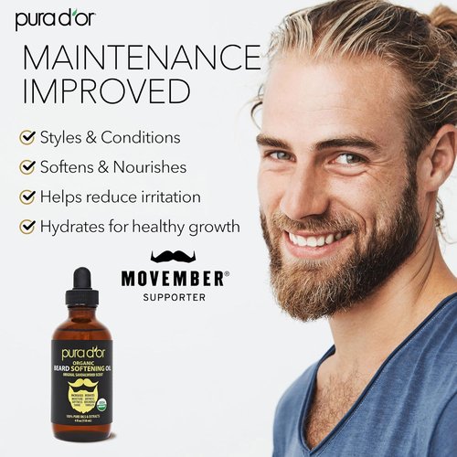 PURA D'OR Organic Beard Softening Oil - Original Sandalwood Scent - Leave-In Conditioner for Softness & Strength - 4 Oz