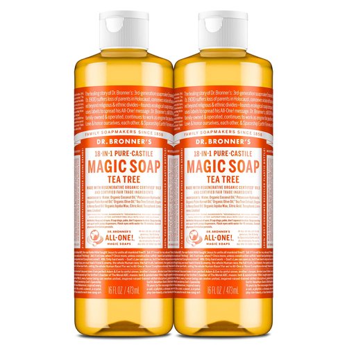 Dr. Bronner's Pure-Castile Magic Soap Liquid (Tea Tree, 16 Ounce, 2-Pack)-Made with Regenerative Organic Certified Oils, 18-in1 Uses: Face, Hair, Hand & Body Soap, Laundry- Concentrated, Vegan