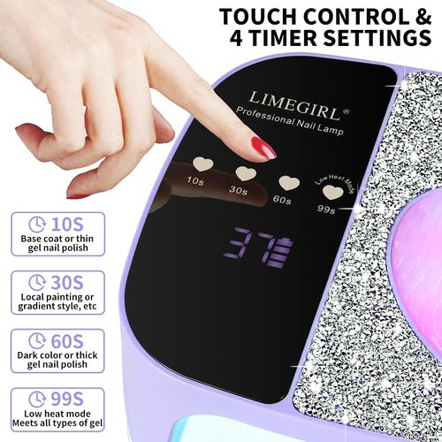 LIMEGIRL UV LED Nail Lamp Kit - Professional Fast Curing Purple Dryer with 4 Timer Settings | Cordless Rechargeable for Home & Salon Use