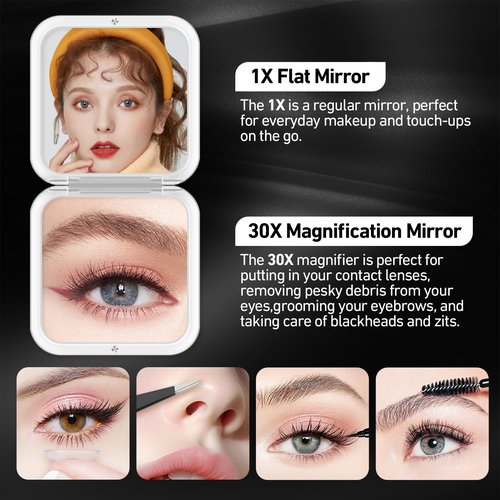 30X Magnifying Mirror, Compact Travel Mirror for Purse & Pocket, Double-Sided 1X/30X HD Makeup Mirror with Tweezers - Portable Mirror for Eyebrow Plucking, Daily Beauty & Travel Essentials, Black
