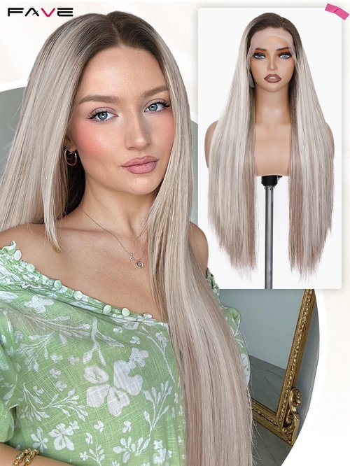FAVE 13x4 HD Lace Front Wig,28" Ombre Wig Ash Blonde with Brown Highlight Long Straight Synthetic Hair, Pre-Plucked Hairline, Heat-Resistant Glueless Lace Front Wigs for Women
