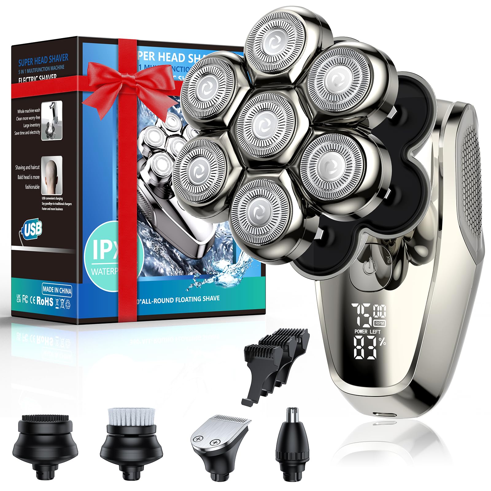 Vylto 7D Head Shavers for Bald Men, Upgrade 5 in 1 Waterproof Electric Razor Men's Grooming Kit, Detachable Wet/Dry Anti-Pinch Head Shavers for Bald Men, LED Display Type-C Charge Head Shaver