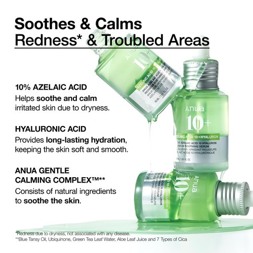 Anua Azelaic Acid 10 Hyaluron Redness Soothing Serum, Facial Serum for Blemish-Prone & Sensitive Skin, Lightweight & Hydrating Blemish Care, Hyaluronic Acid, Korean Skincare, 1.01 fl oz.