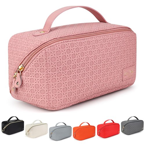 Kat Myhr Large Capacity Travel Cosmetic Bag With Handle and Divider - Waterproof Makeup Organizer for Women - Cute Pink Make Up Bag