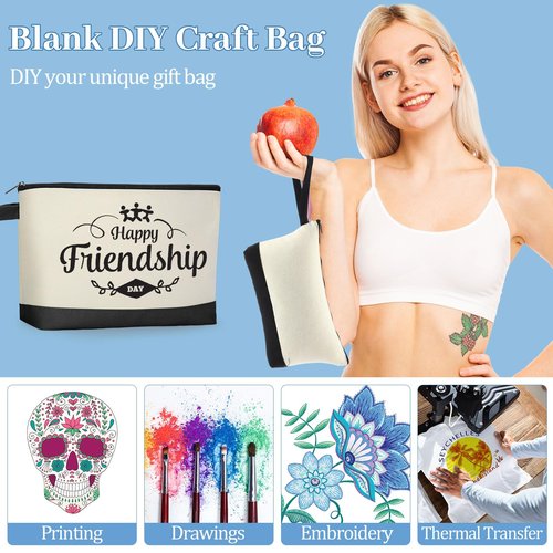 Silkfly 30 Pcs Cotton Canvas Makeup Bags Canvas Cosmetic Zipper 10.2 x 5.5 x 2 Inches Blank DIY Pouch Bag Bulk with Bottom Pencil Case Travel Toiletry Pouch for Women (Black,Beige)