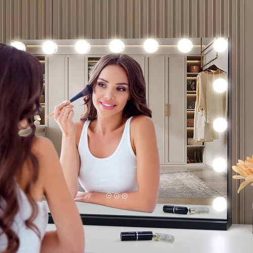 NUSVAN Vanity Mirror with Lights Lighted Makeup Mirror with 15 Dimmable LED Bulbs,3 Color Lighting Modes,USB Charging Port Touch Control,Sturdy Metal Frame Design 22.8x18 Inch,Black