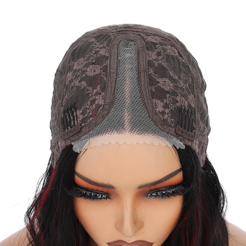 Rushinice Short Wavy Black Mixed Red Wig for Women, Lace Hairline Middle Part Bob Style Heat Resistant Synthetic Wigs Natural Looking for Daily Party 14 Inch