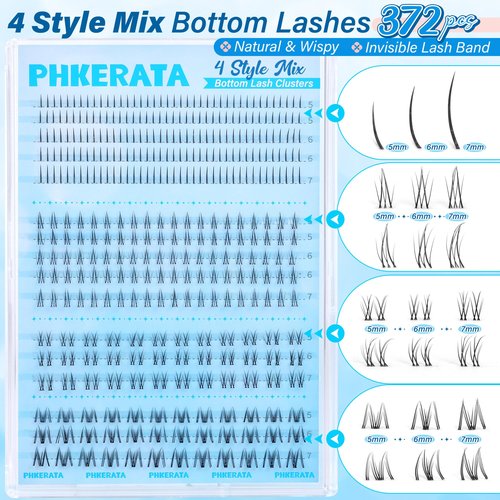 PHKERATA 4 Style Bottom Lashes Natural Bottom Lash CLusters Lower Manga Eyelash Clusters 372pcs Anime Fairy Individual Lashes Bottoms DIY Eyelash Extensions, 5-7mm