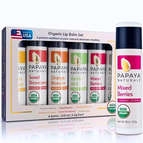 Papaya Naturals Organic Lip Balm Set - 6 Pack of Moisturizing Beeswax & Cocoa Butter in Assorted Flavors