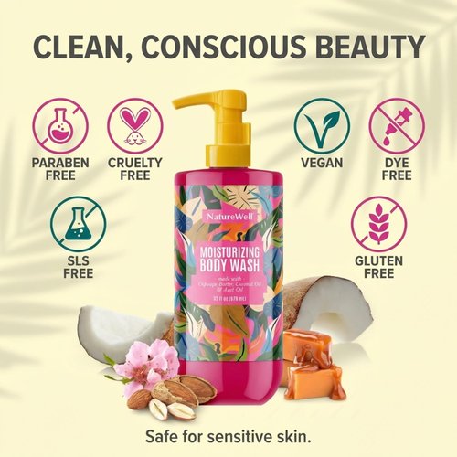 NATURE WELL Cheeky Moisturizing Body Wash, Creamy Formula Infused with Cupuaçu Butter, Provides Gentle Cleansing & Intense Hydration, Deliciously Sweet & Warm Brazilian Nut Oil Scent, 33 oz