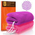 UJFQBH African Net Sponge 2-Pieces, Authentic Exfoliating Body Scrubber for Shower & Bath, Deep Cleansing Lather for Dead Skin Removal, Back Scrubber for Women & Men (Rose Red & Purple)
