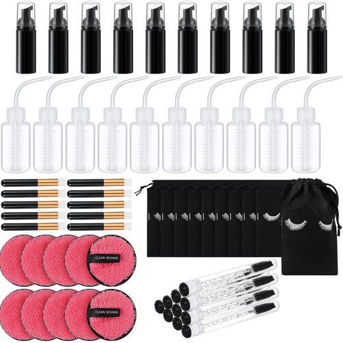 Dansib 60 Pcs Lash Shampoo Brushes Set 10 Lash Shampoo Brushes 10 Mascara Tubes and Wands 10 Foam Pump Bottle 10 Rinse Bottles 10 Makeup Remover Pad 10 Aftercare Drawstring Bag(Black,10 Pcs)