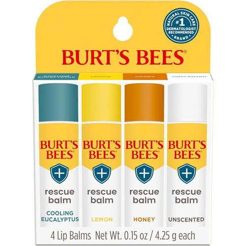 Burt's Bees Natural Rescue Lip Balm - Cooling Eucalyptus & Lemon | 4 Tubes of Hydration