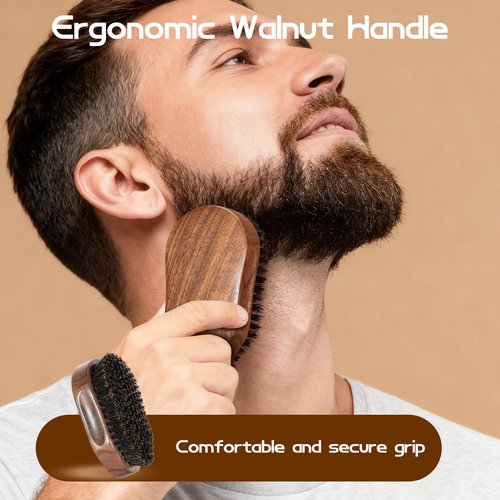 GROOMAGE Boar Bristle Beard Brush for Men, 4.2-Inch Black Walnut Wood Handle Military Style, Men's Natural Wooden Boar Bristles Mustache Brush