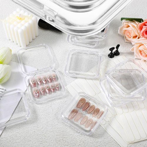 PEOVLVN 20pcs Press on Nail Storage Box Press on Nails Packaging Fake Nail Storages Case with 90 Pcs Adhesive Double Sided Tape for Fake Nail Storage Nail Display Nail Salon
